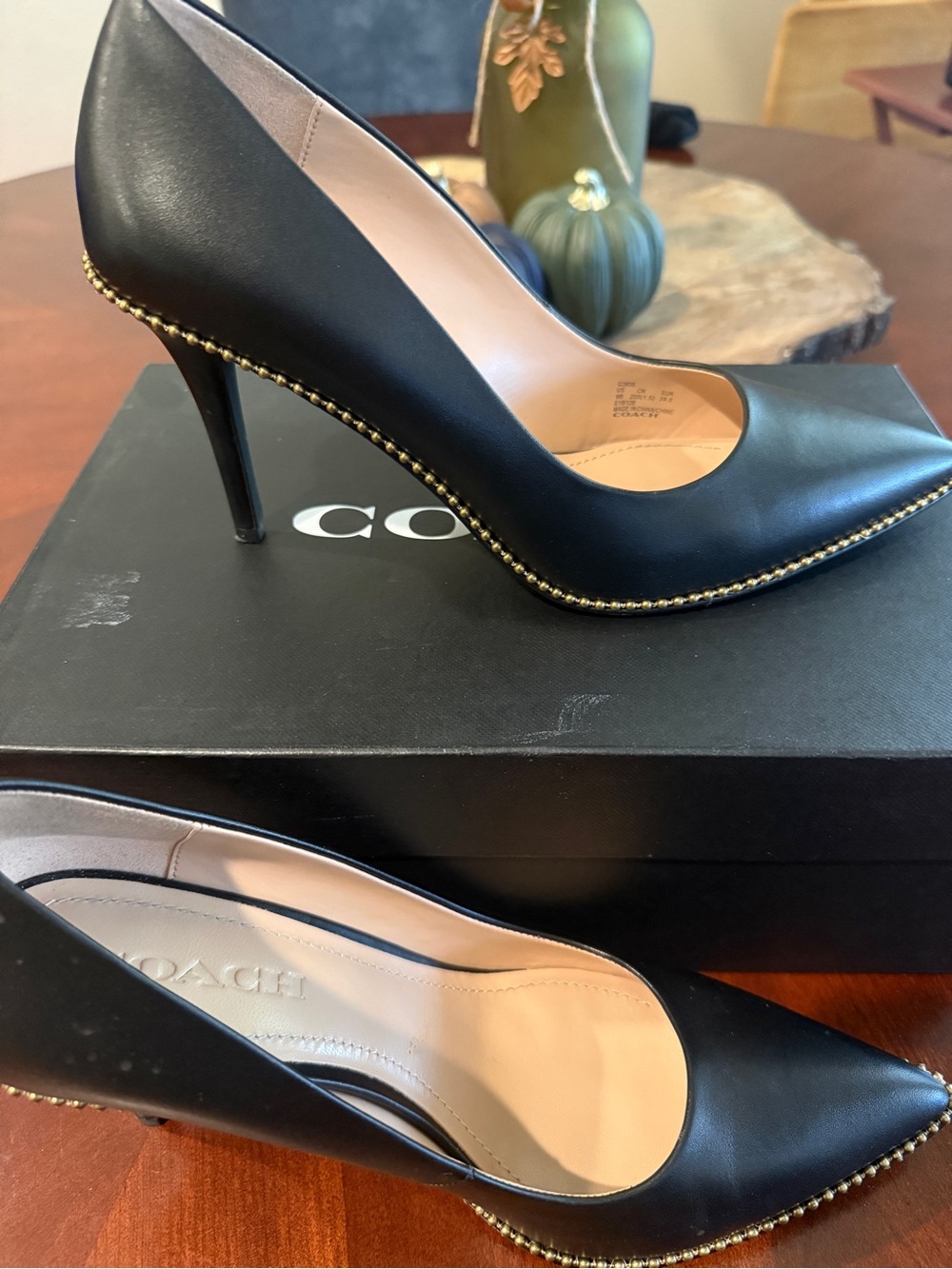Coach Black Leather Pointed-Toe Pumps with Gold Stud Trim